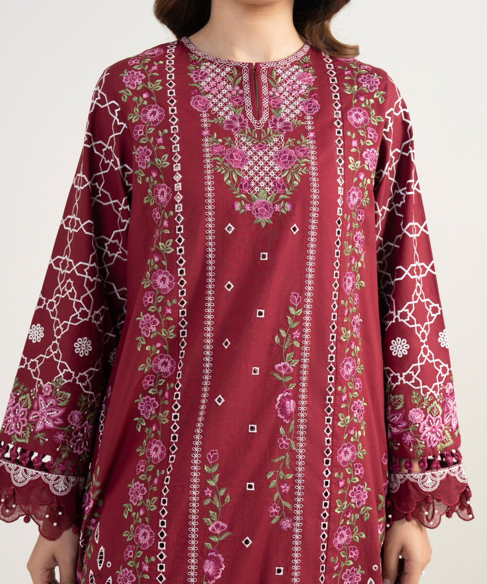 Women's Unstitched Lawn Embroidered Red 3 Piece Suit