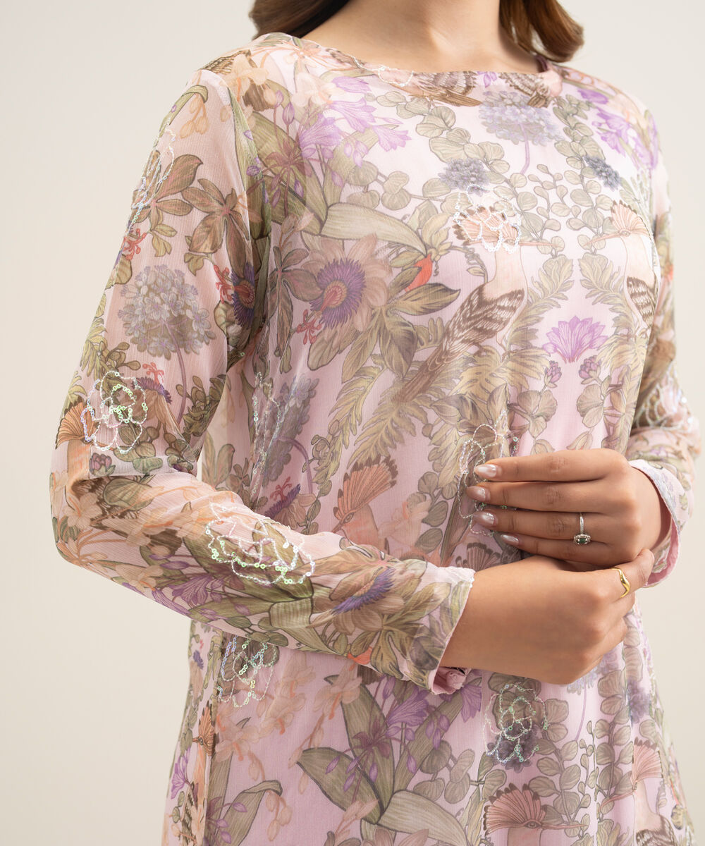 Women's RTW Blended Chiffon Embroidered Pink 2 Piece Suit