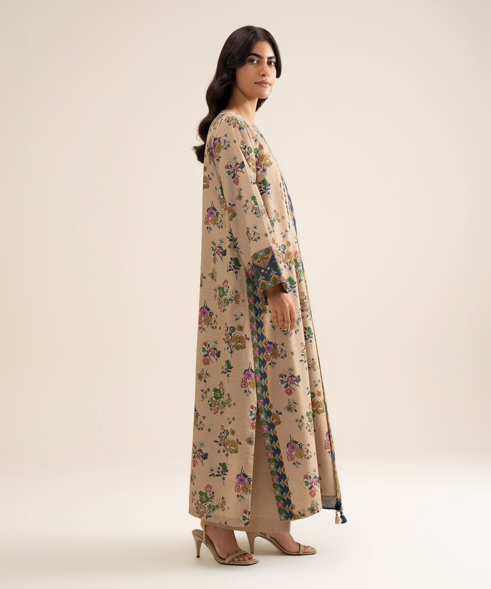 Women's Unstitched Lawn Printed Beige 3 Piece Suit