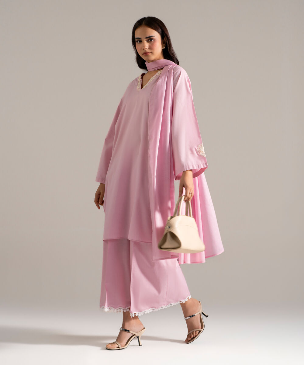 Women's RTW Cambric Printed Pink 3 Piece Suit
