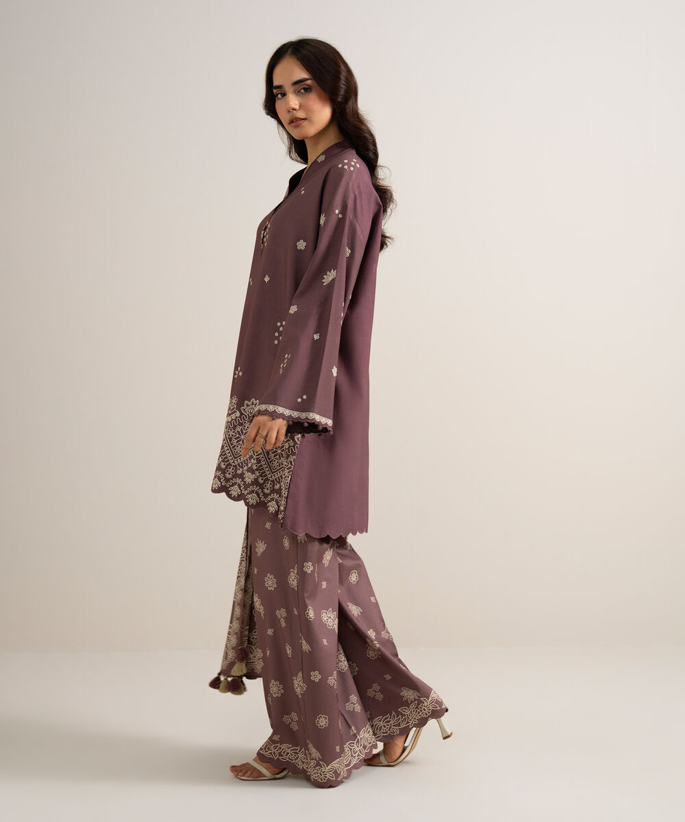 Women's Unstitched Embroidered Linen Purple 3 Piece Suit