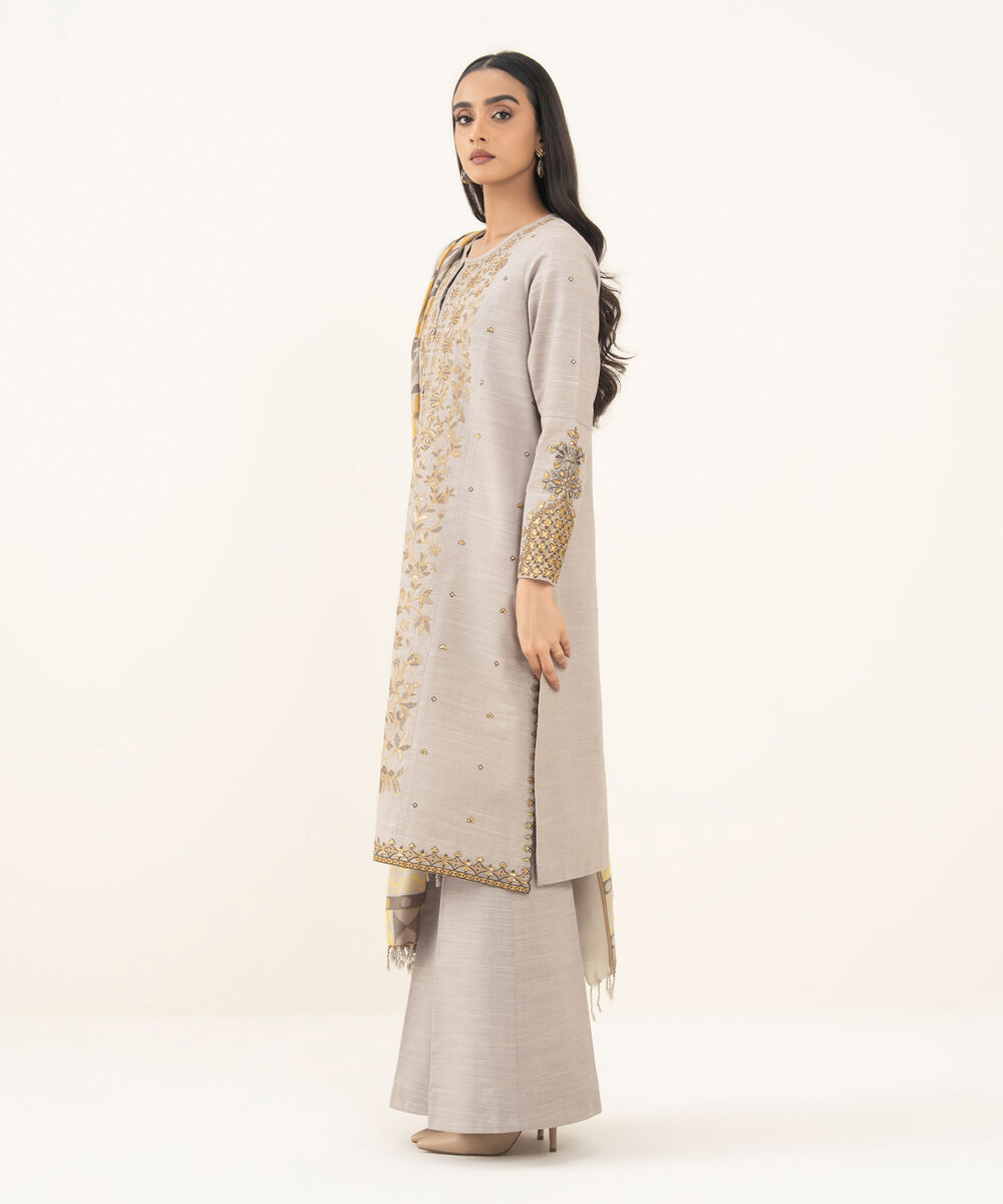 Women's Unstitched Embroidered Khaddar Light Gray 3 Piece Suit