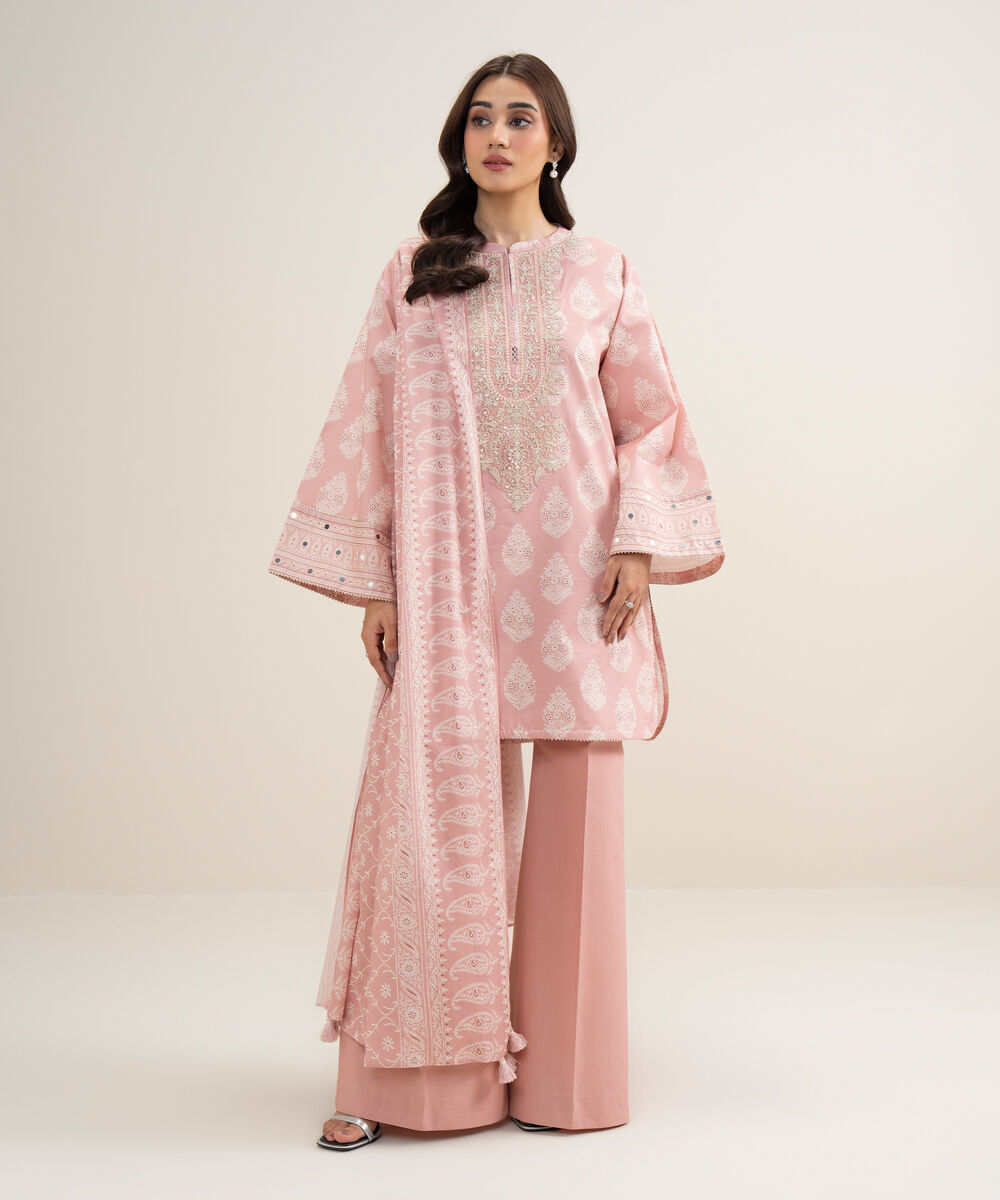 Women's Unstitched Lawn Embroidered Tea Pink 3 Piece Suit
