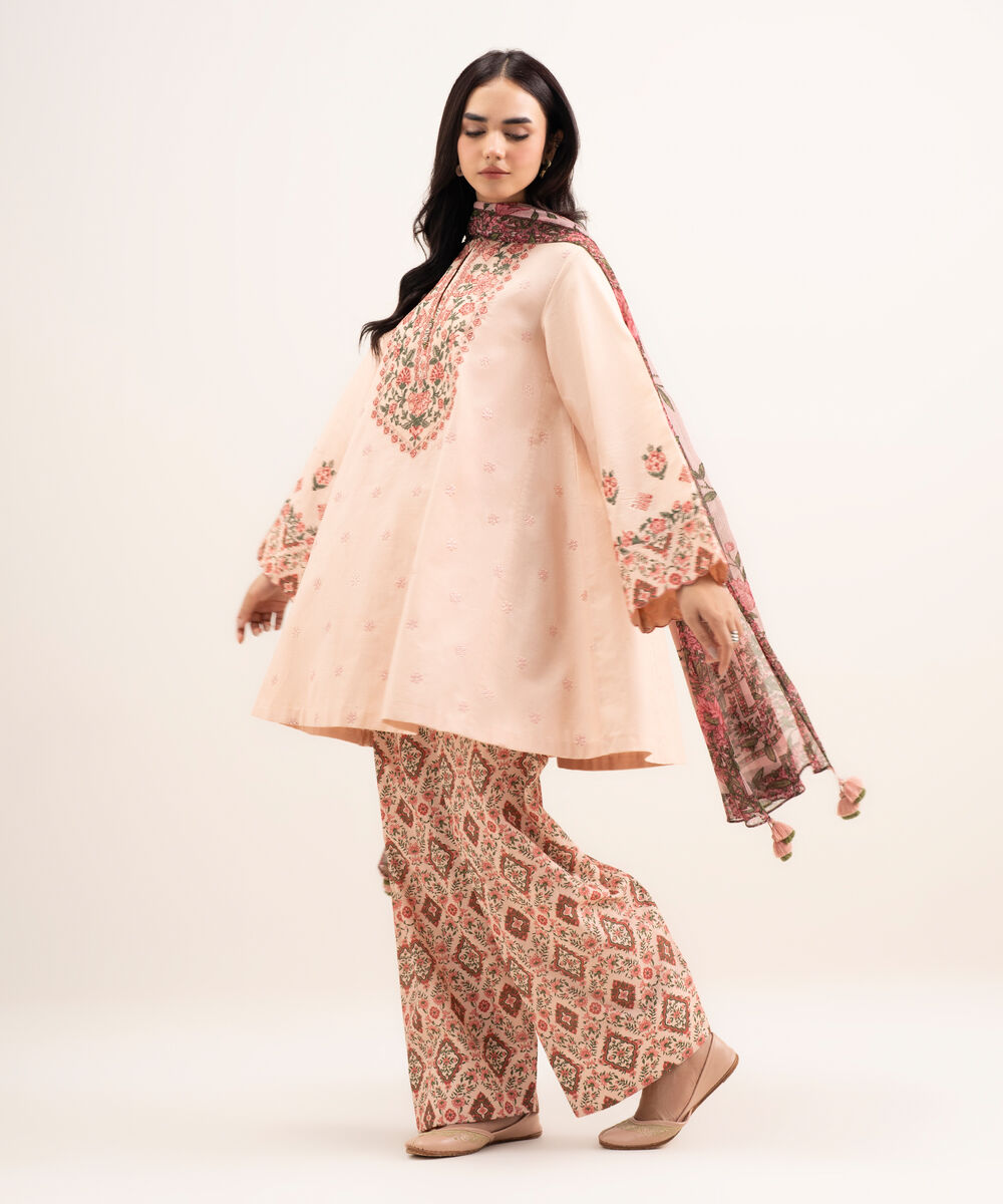 Women's Unstitched Textured Lawn Embroidered Pink 3 Piece Suit