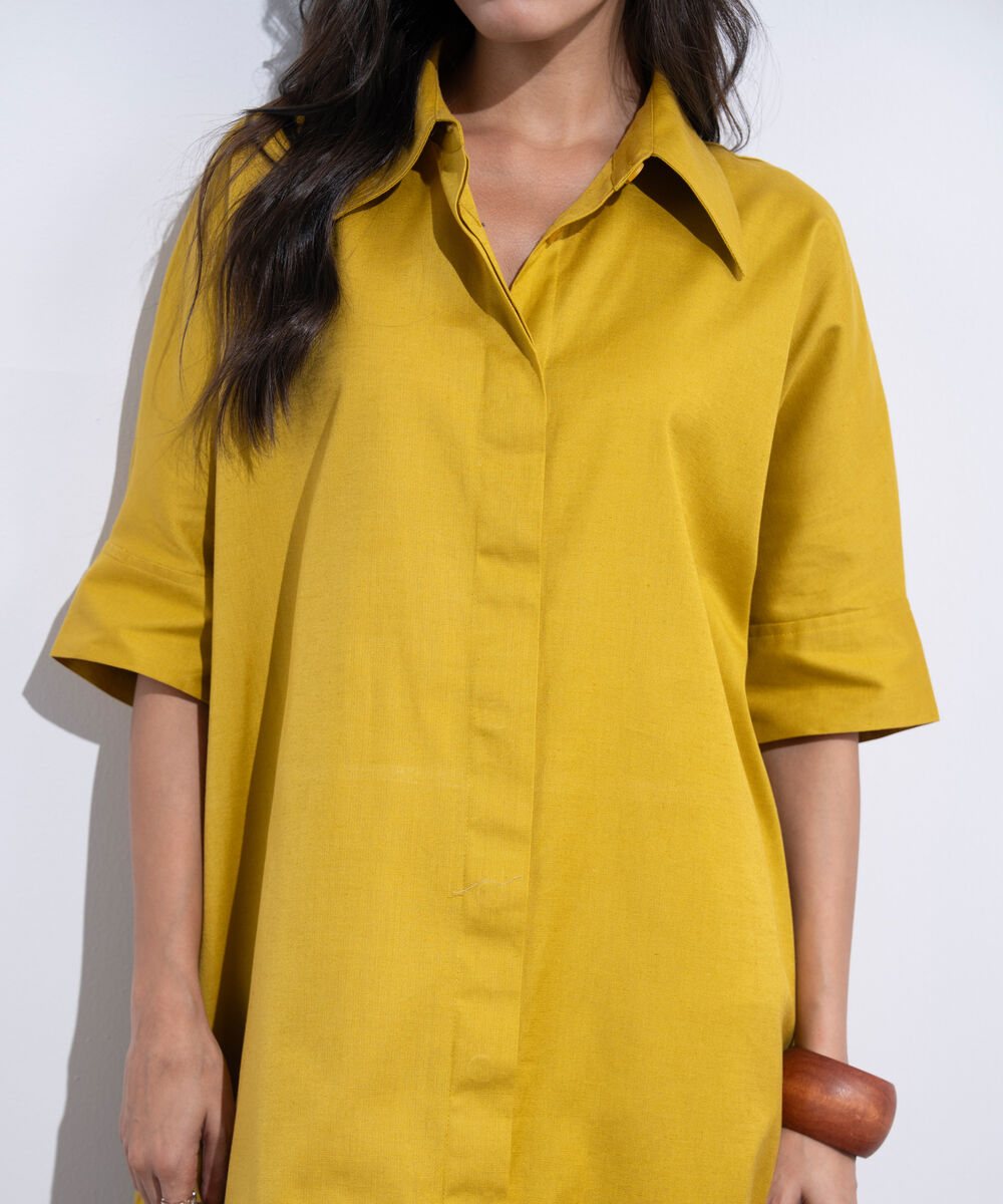 Women's Western Wear Mustard Short Sleeved Linen Blend Dress