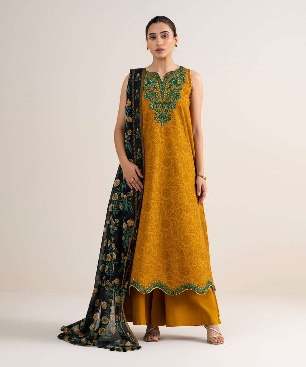Women's Unstitched Cotton Embroidered Yellow 3 Piece Suit