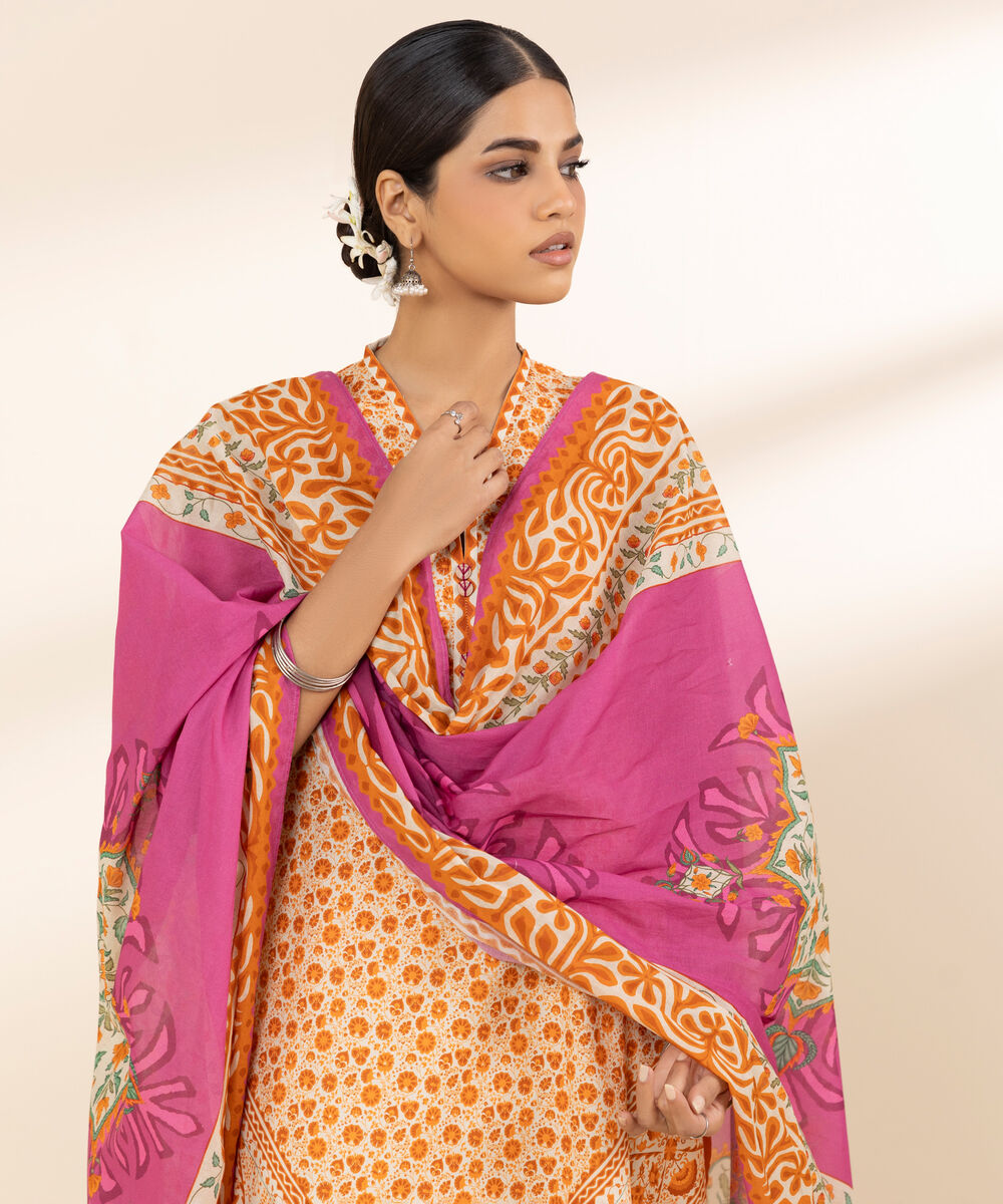 Women's Unstitched Lawn Printed Orange 3 Piece Suit