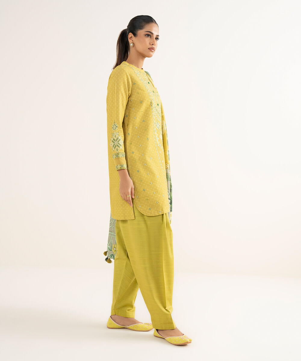 Women's Unstitched Khaddar Embroidered Yellow 3 Piece Suit