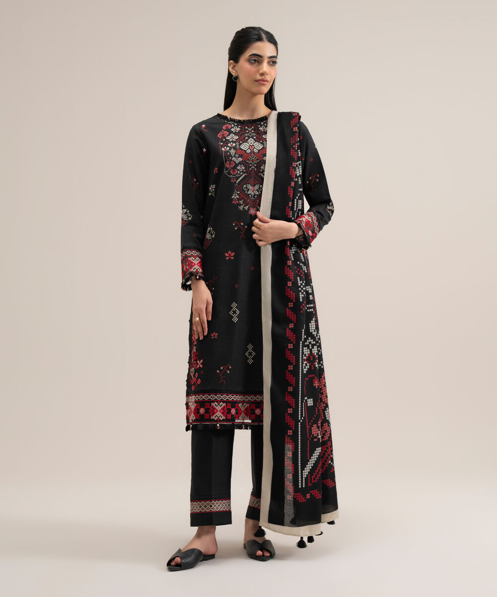 Women's Unstitched Premium Khaddar Printed Black 3 Piece Suit
