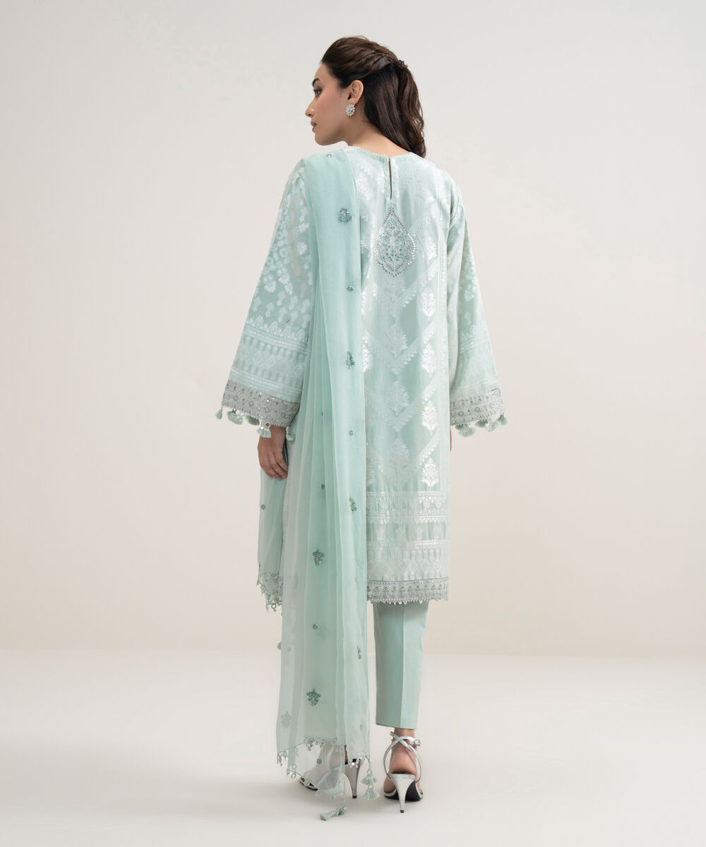 Women's Unstitched Extra Weft Jacquard Embroidered Blue 3 Piece Suit