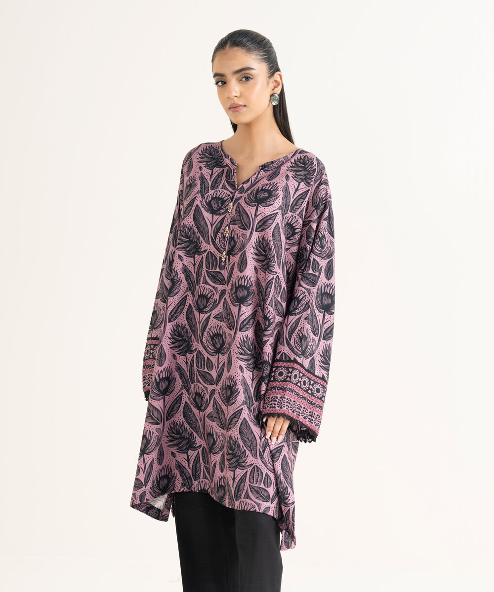 Women's RTW Cotton Viscose Printed Drop Shoulder Purple Shirt