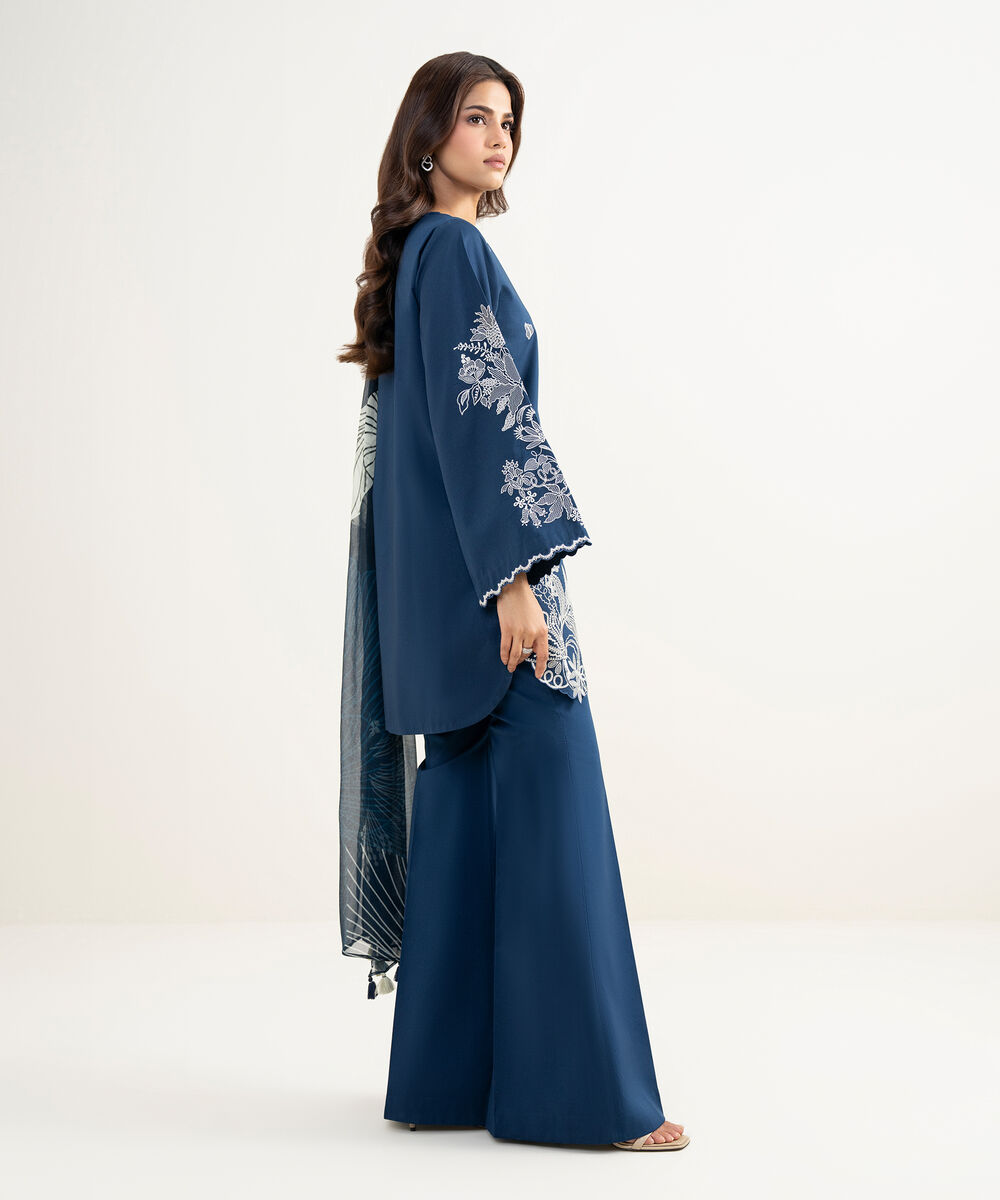 Women's Unstitched Textured Lawn Embroidered Blue 3 Piece Suit