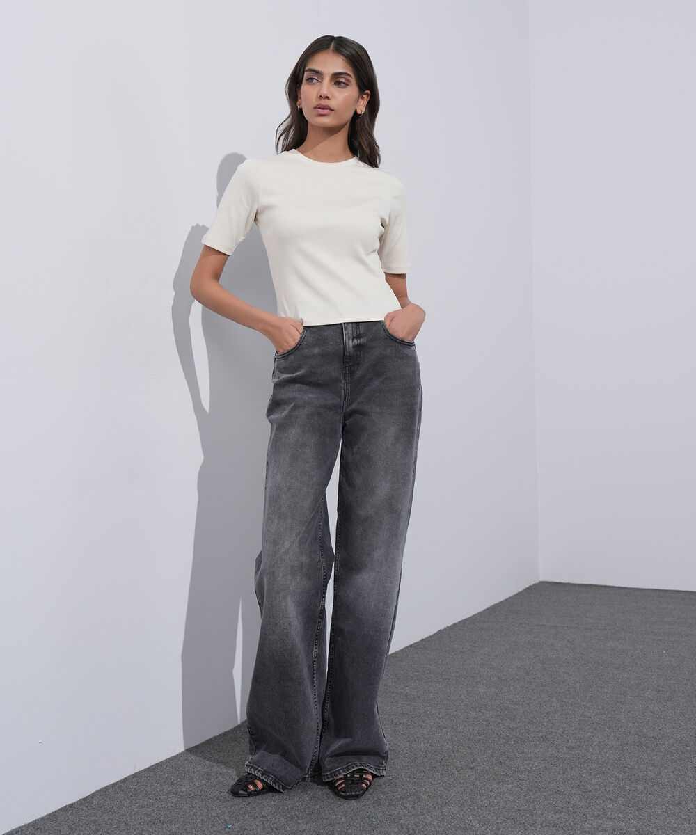 Women's Western Wear Ivory Slim-Fit Ribbed T-Shirt