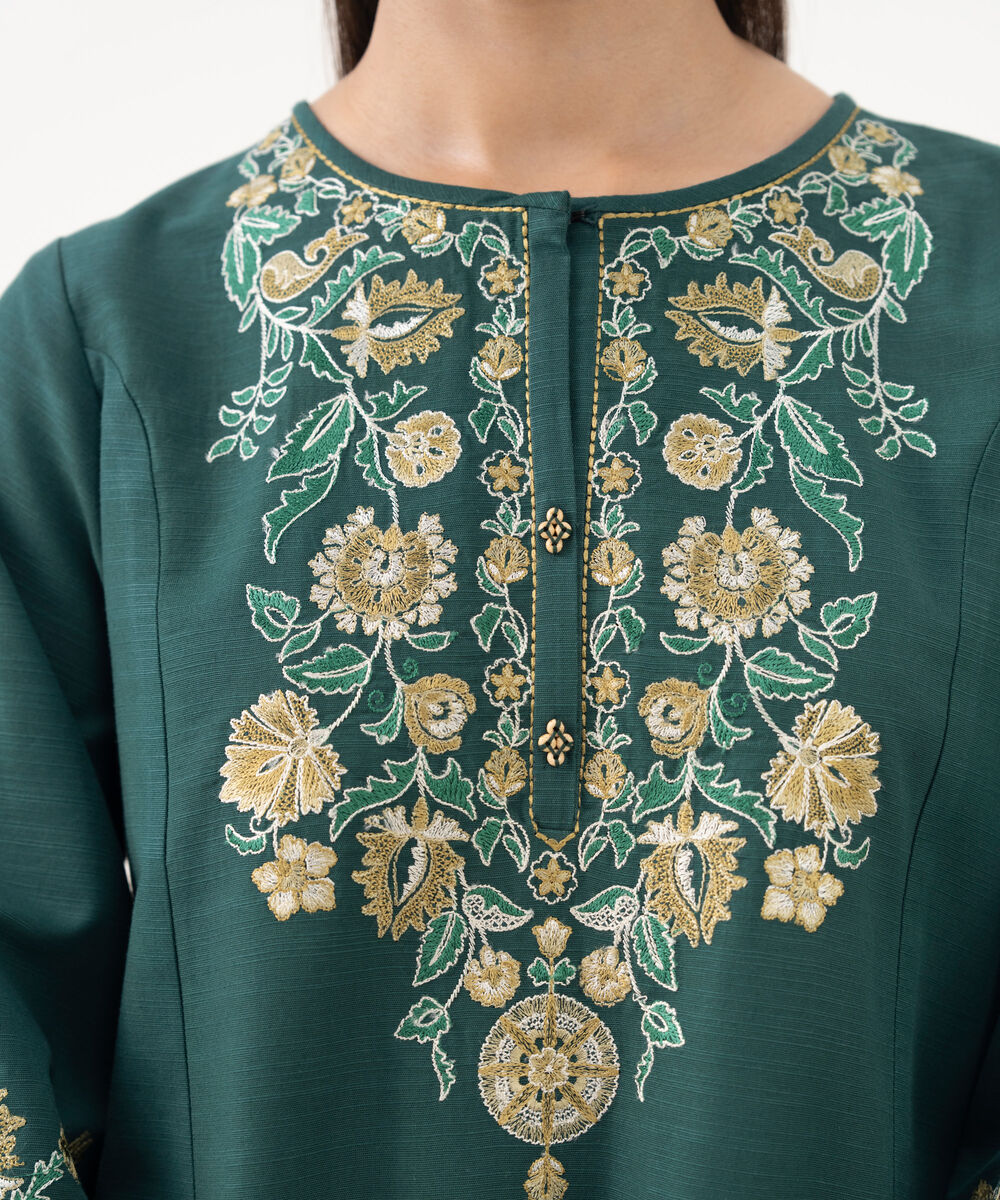 Women's Unstitched Khaddar Embroidered Green 3 Piece Suit