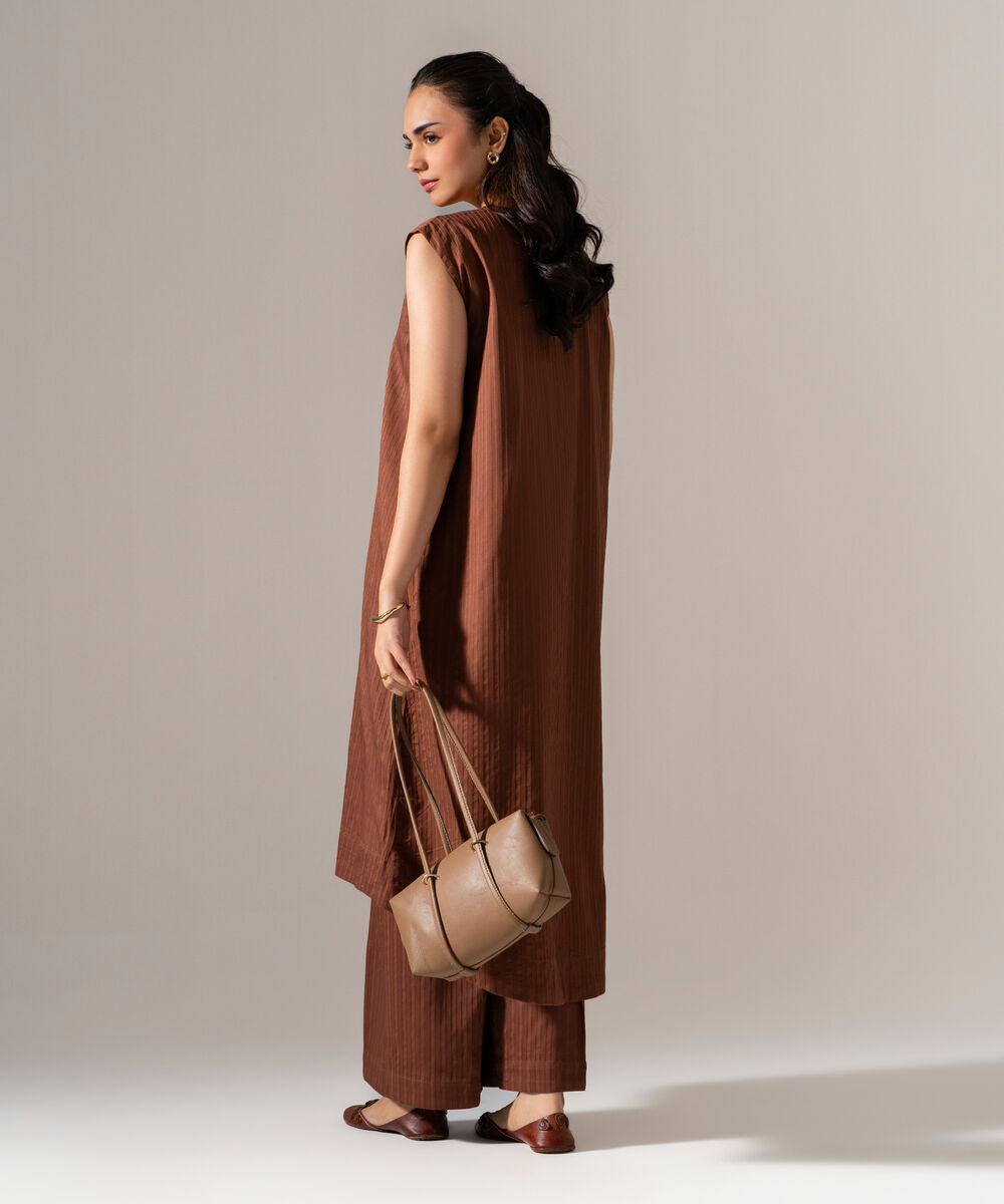 Women's RTW Dobby Strip Solid Brown 2 Piece Suit
