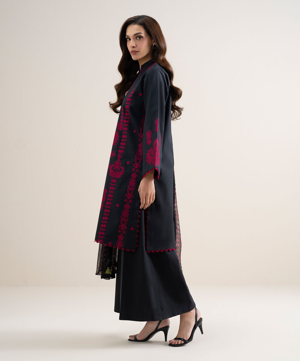 Women's Unstitched Lawn Embroidered Black 3 Piece Suit