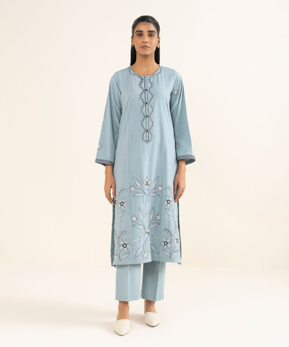 Women's RTW Self Jacquard Leno Embroidered Blue A-Line Shirt