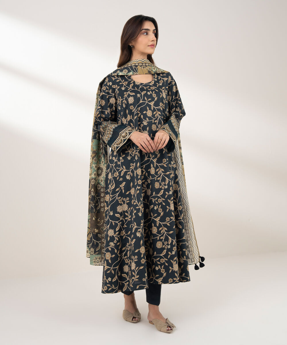 Women's Unstitched Lawn Printed Black 3 Piece Suit