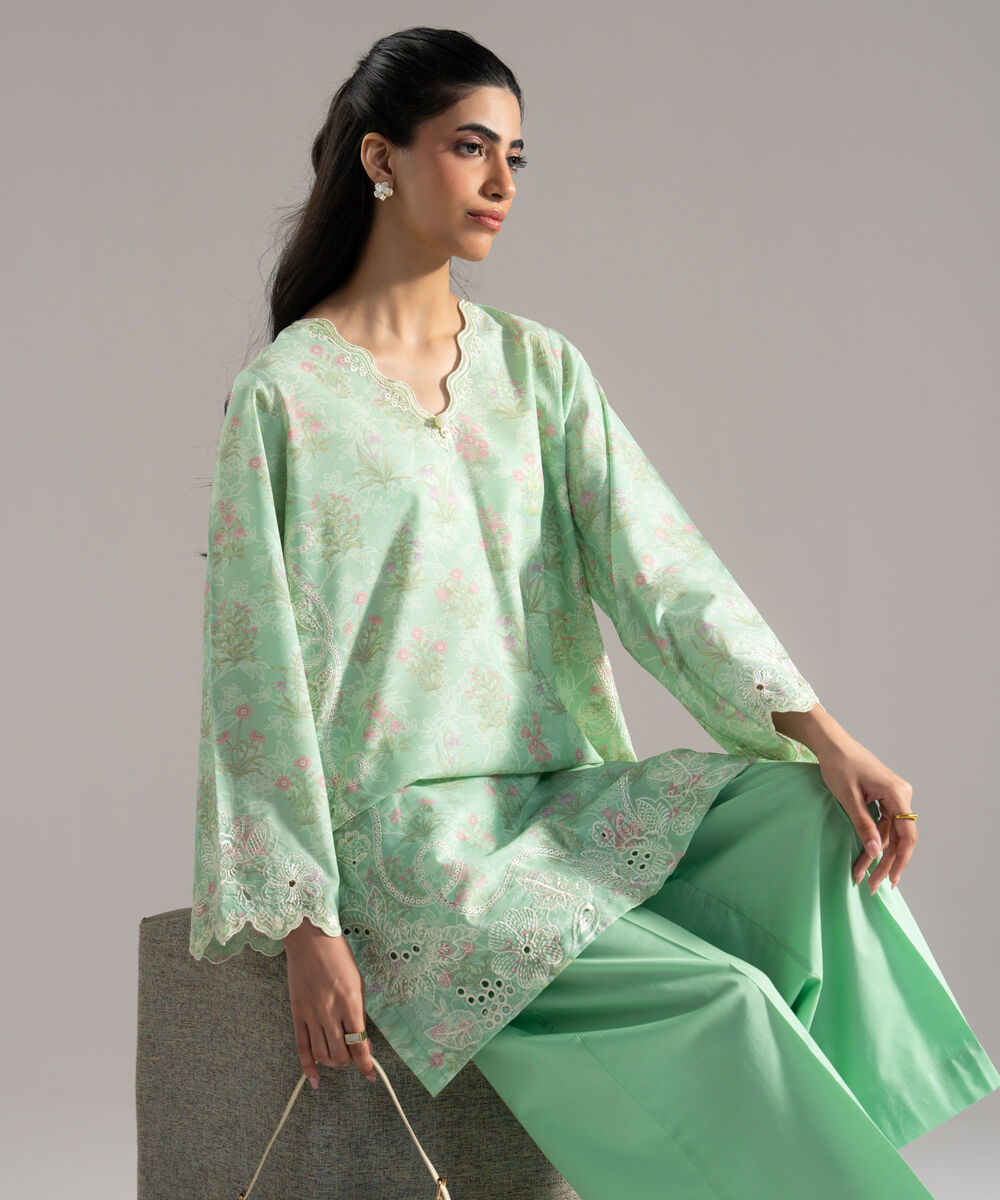 Women's RTW Cotton Viscose Printed Embroidered Green 2 Piece Suit