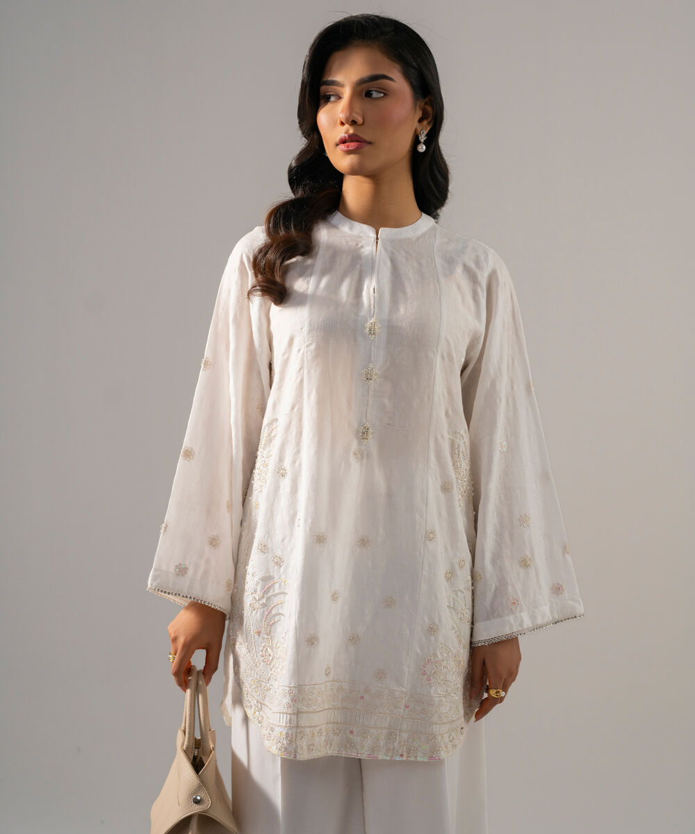 Women's RTW Self Jacquard Solid Embroidered Off White 2 Piece Suit