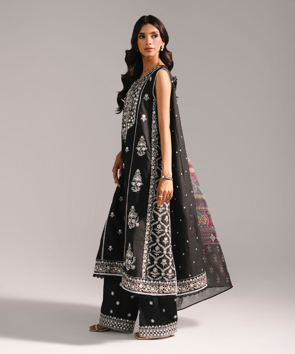 Women's RTW Fancy Cotton Embroidered Black 3 Piece Suit