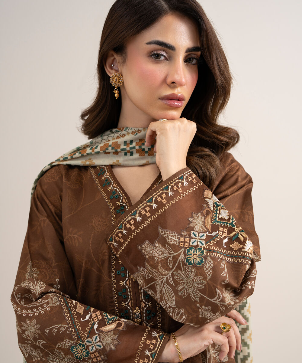 Women's Unstitched Lawn Embroidered Brown 3 Piece Suit