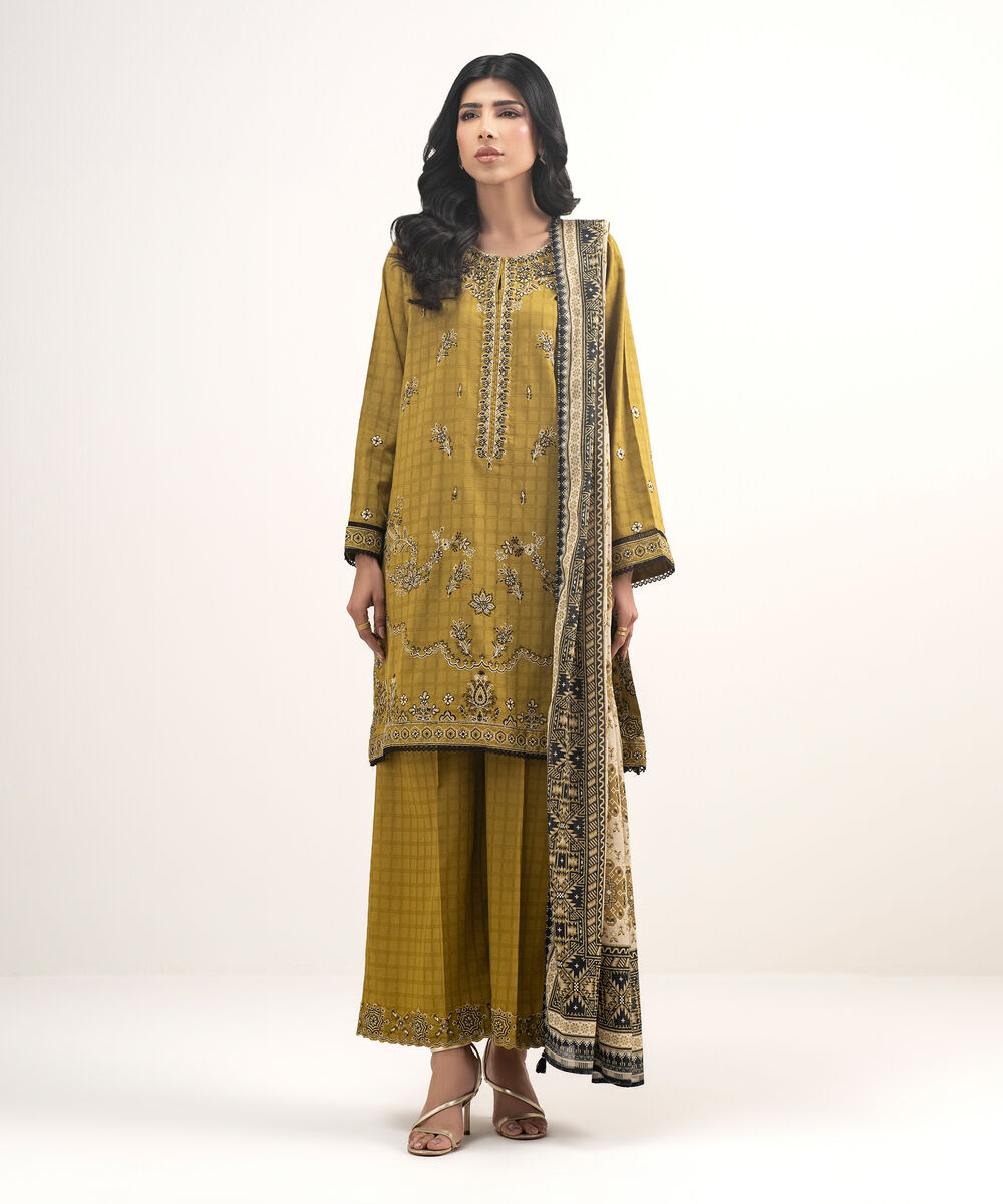 Women's RTW Dobby Embroidered Yellow 3 Piece Suit