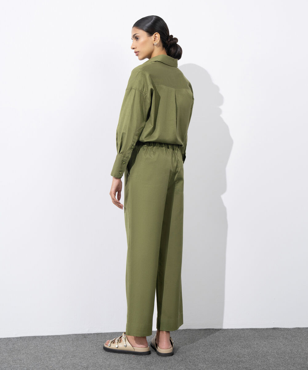 Women's Western Wear Green Straight Fit Linen Blend Trousers