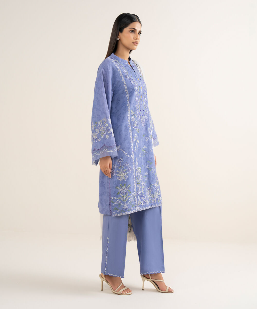 Women's Unstitched Embroidered Cotton Jacquard Blue 3 Piece Suit