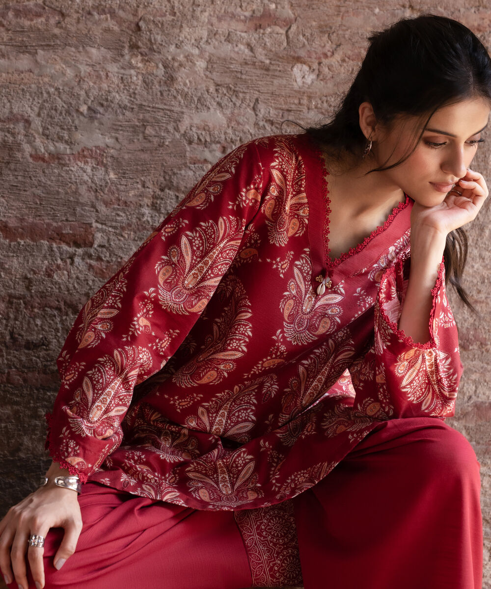 Women's RTW Khaddar Printed Maroon 2 Piece Suit