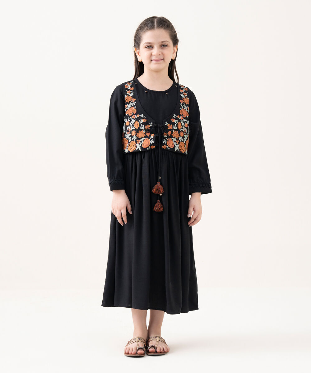 Girls Viscose Linen Black Dyed Kidswear Dress
