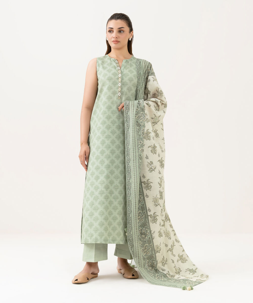 Women's Unstitched Cotton Printed Green 3 Piece Suit