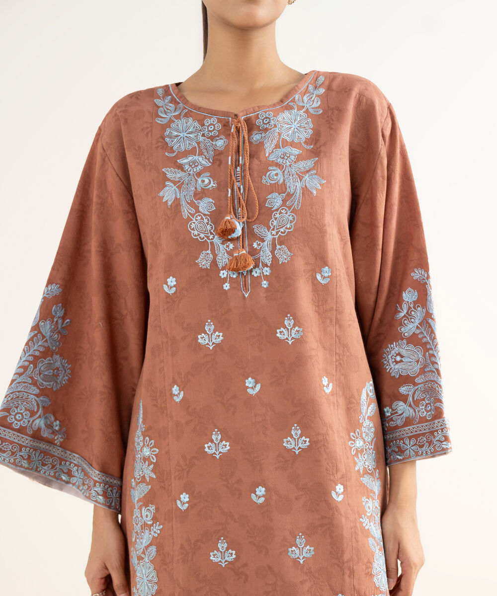 Women's Unstitched Cotton Jacquard Embroidered Brown 3 Piece Suit