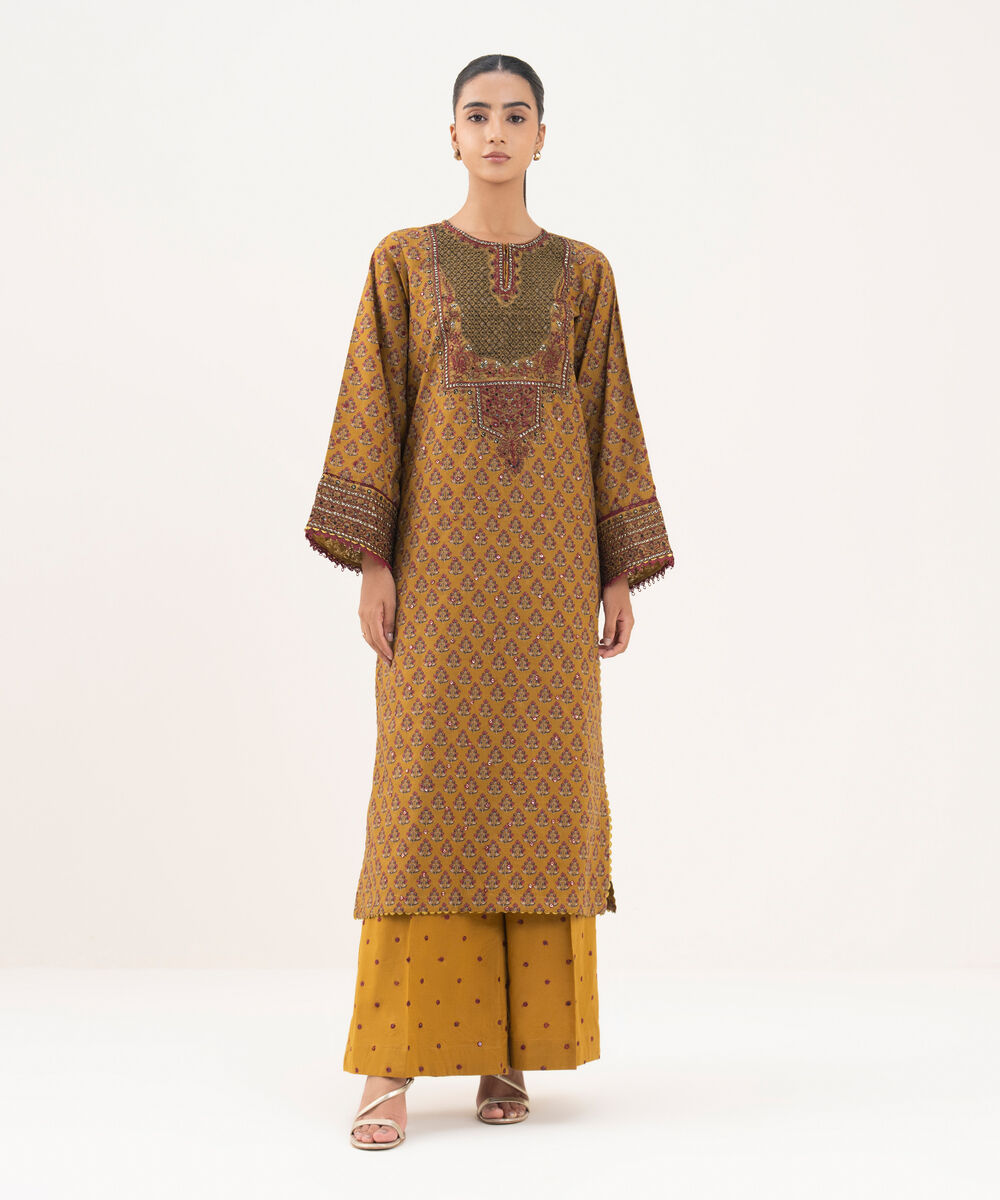 Women's RTW Textured Lawn Mustard Embroidered A-Line Shirt