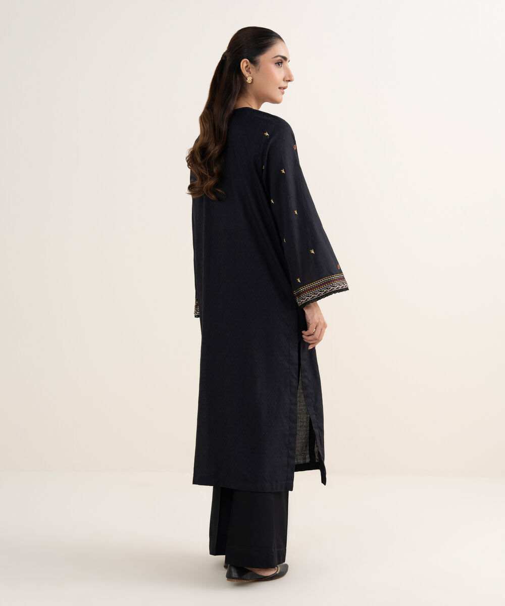 Women's RTW Self Jacquard Embroidered A-Line Black Shirt