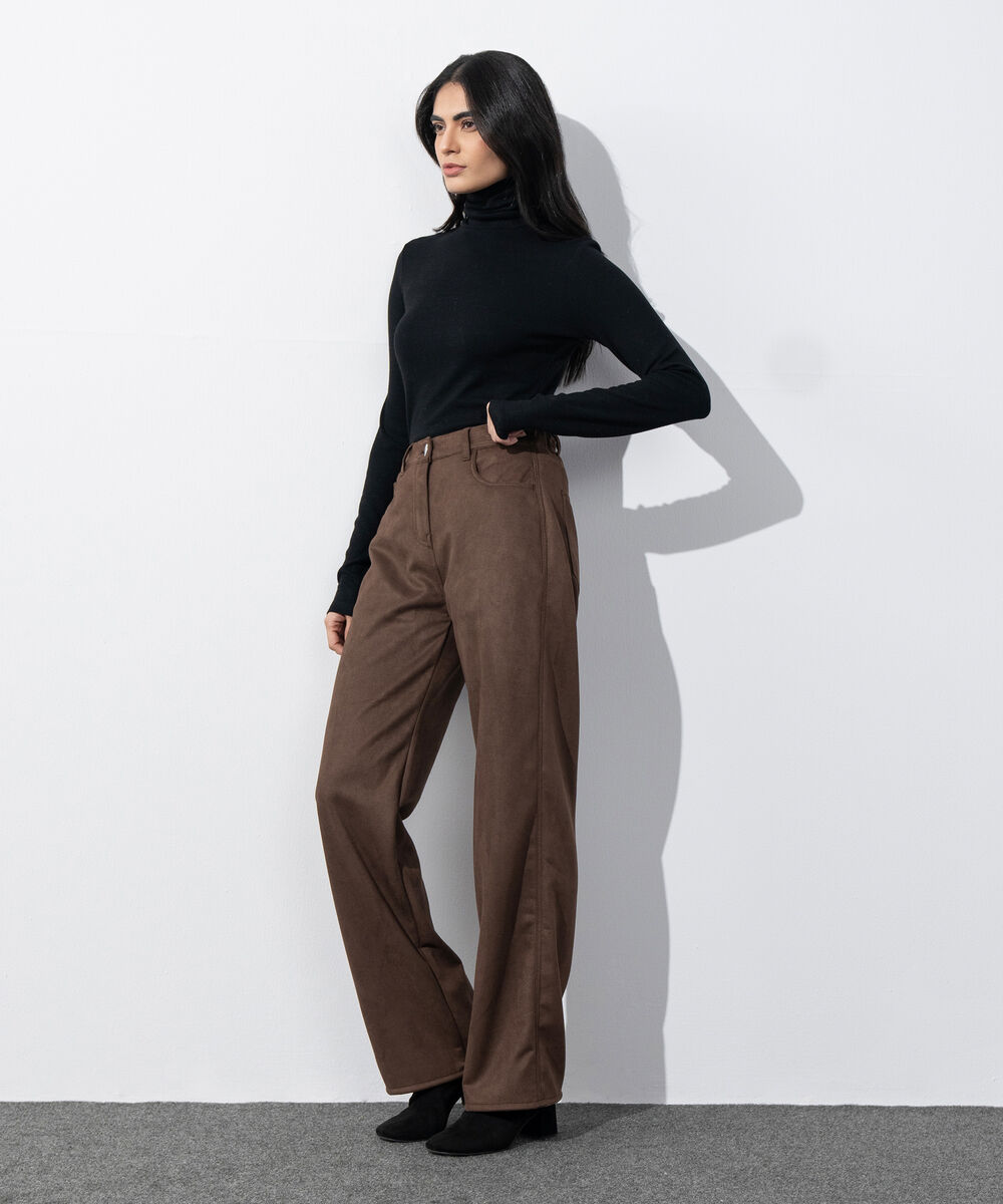 Women's Western Wear Brown Faux Suede Straight-Fit Trousers