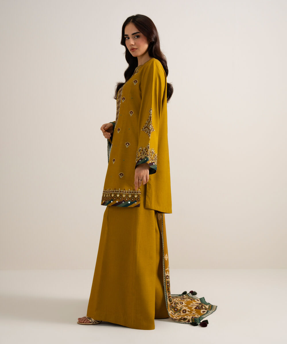 Women's Unstitched Embroidered Linen Mustard 3 Piece Suit