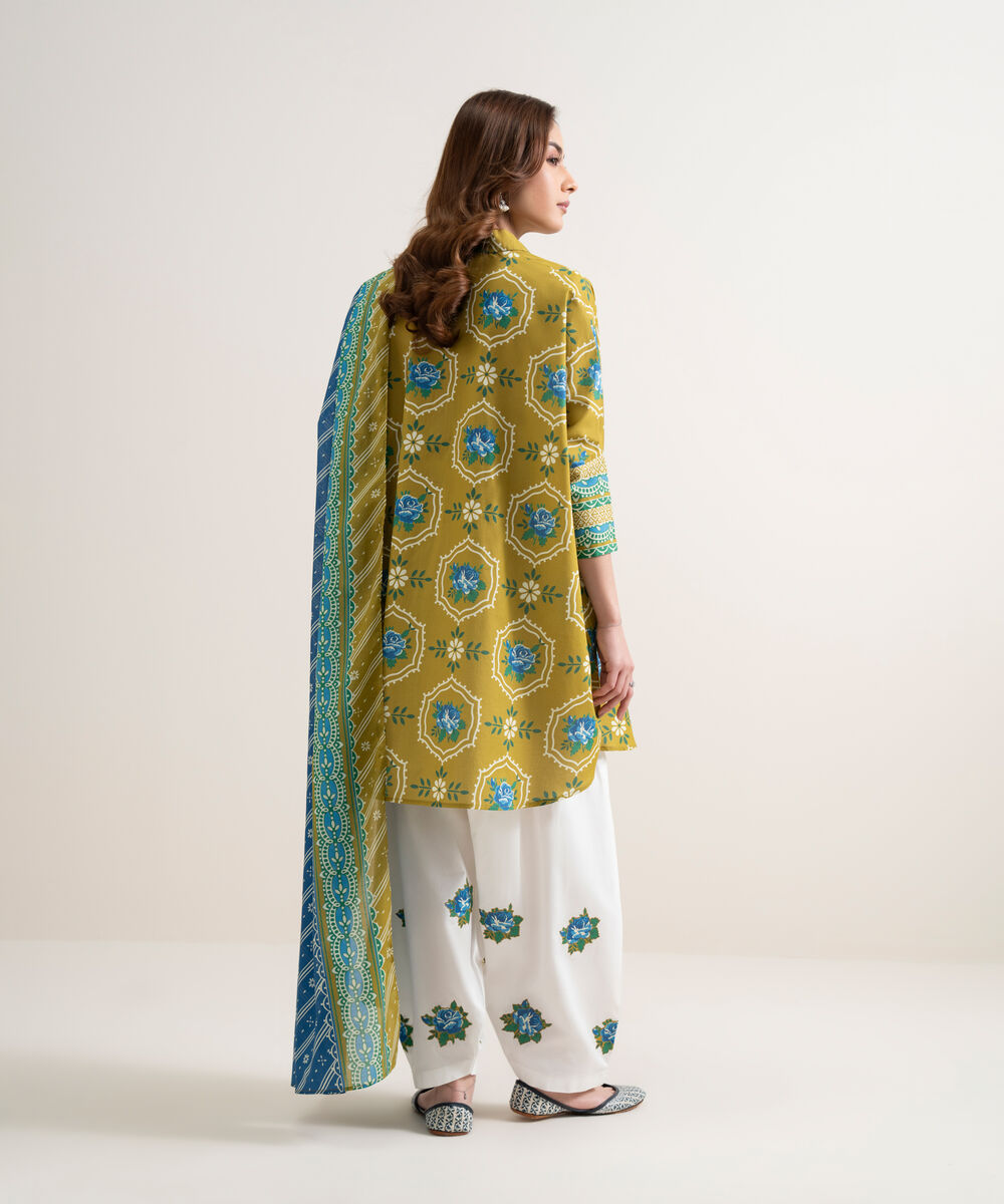 Women's Unstitched Lawn Printed Mustard and Blue 2 Piece Suit