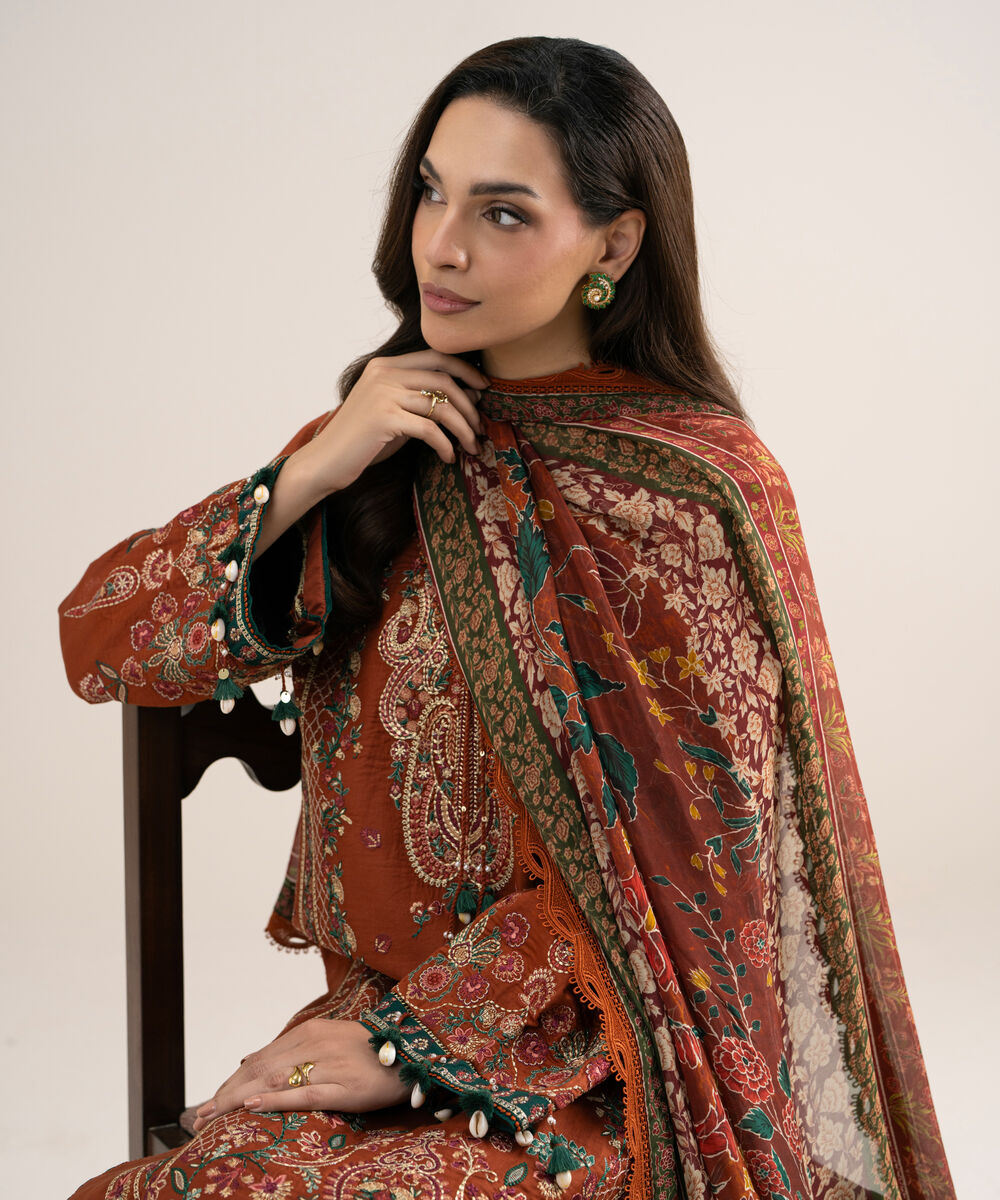 Women's Unstitched Embroidered Fine Cotton Satin Rust 3 Piece Suit