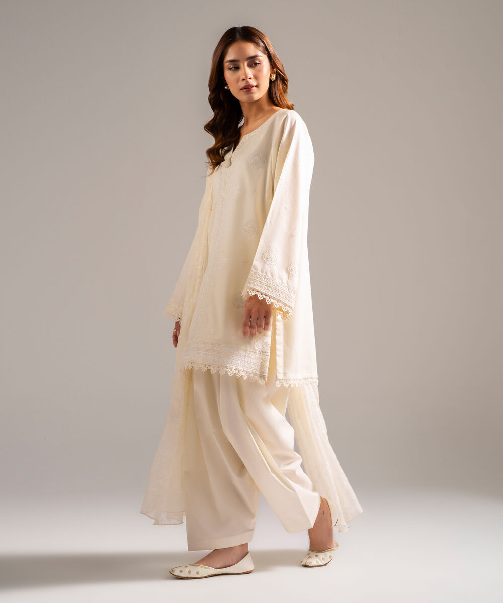 Women's RTW Dobby Embroidered Off White 3 Piece Suit