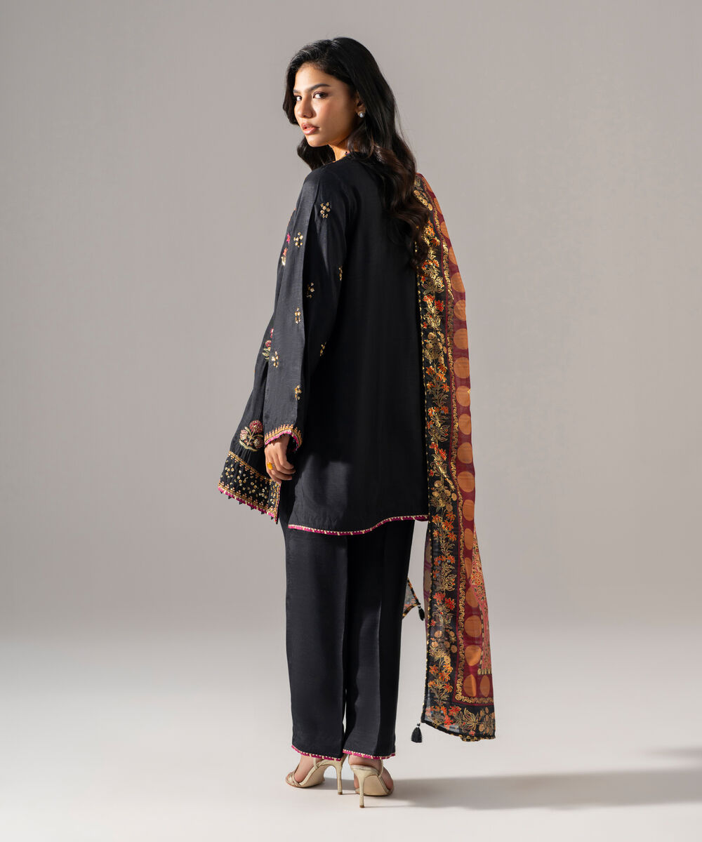 Women's RTW Bright Raw Silk Embroidered Black 3 Piece Suit