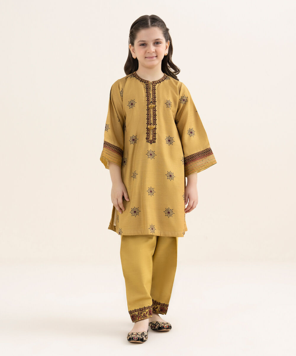 Girl's Herringbone Embroidered Mustard 2 Piece Set
