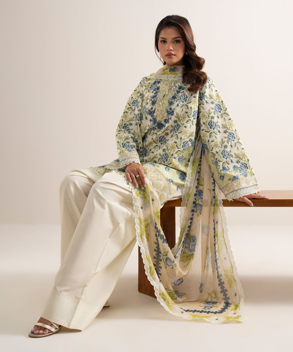 Women's Unstitched Zari Cotton Embroidered Multi 3 Piece Suit