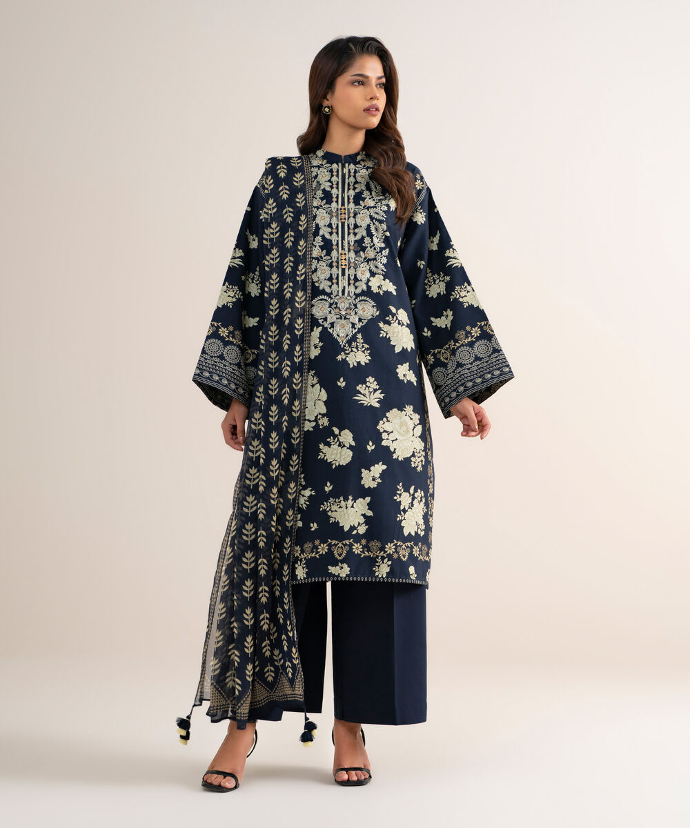 Women's Unstitched Cotton Embroidered Blue