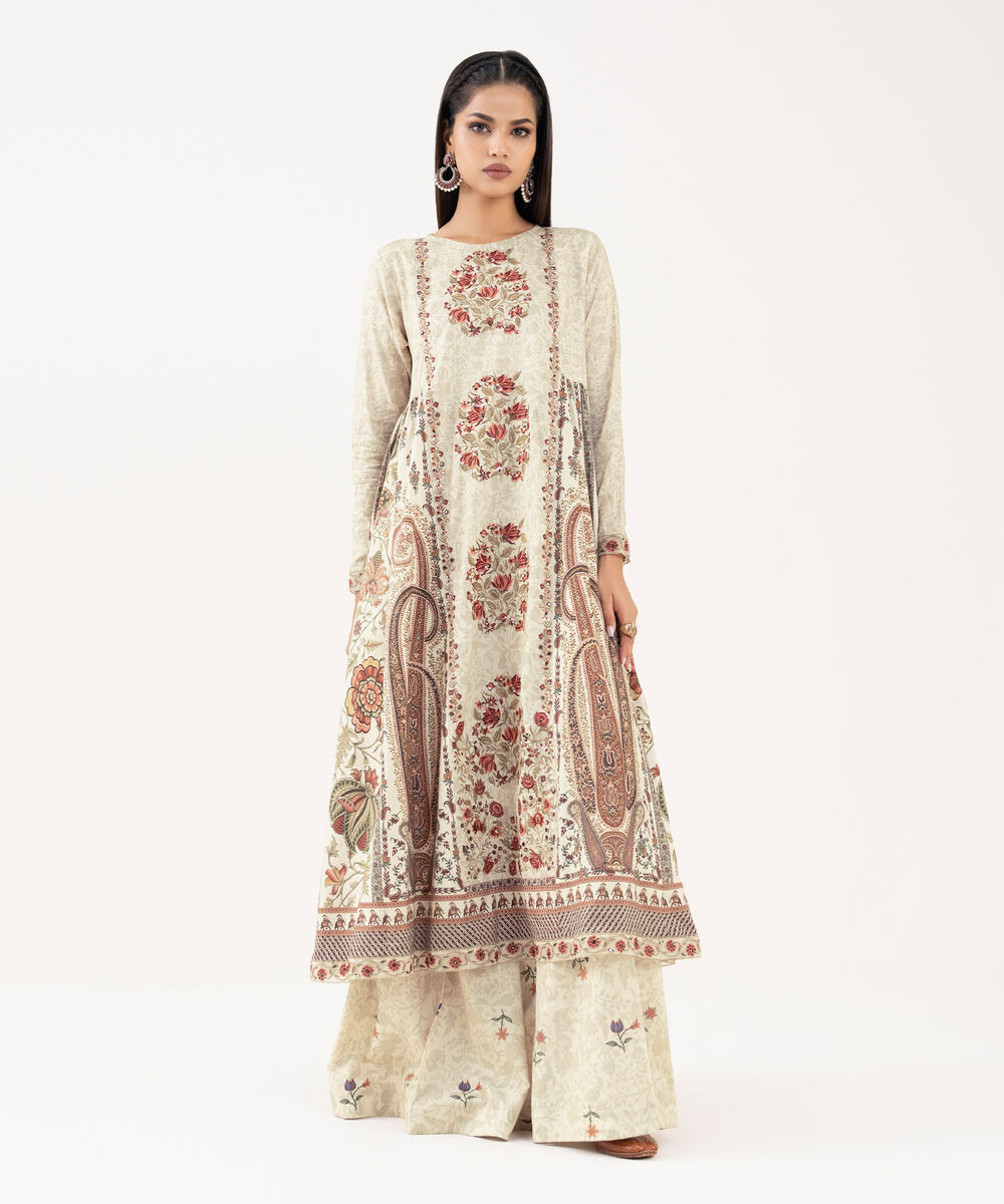 Women's RTW Lawn Viscose Beige Embroidered Pishwas