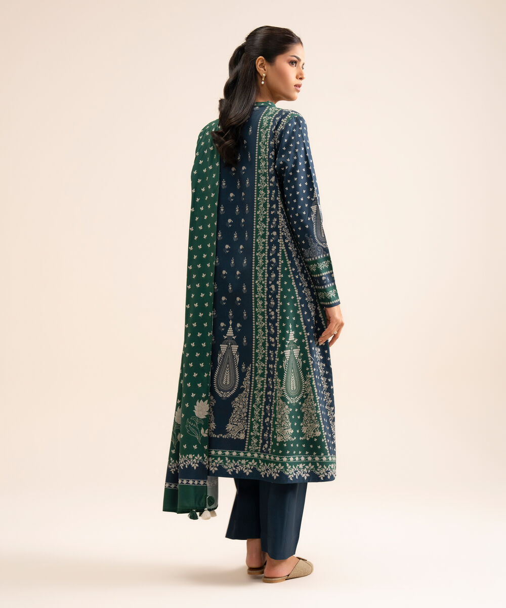 Women's Unstitched Viscose Linen Printed Dark Blue 3 Piece Suit