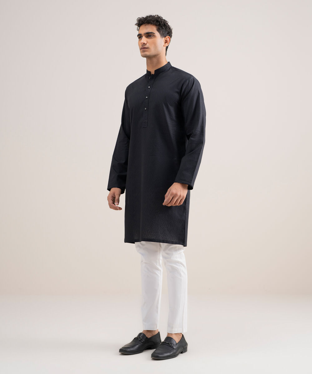 Men's Stitched Cotton Jacquard Black Kurta