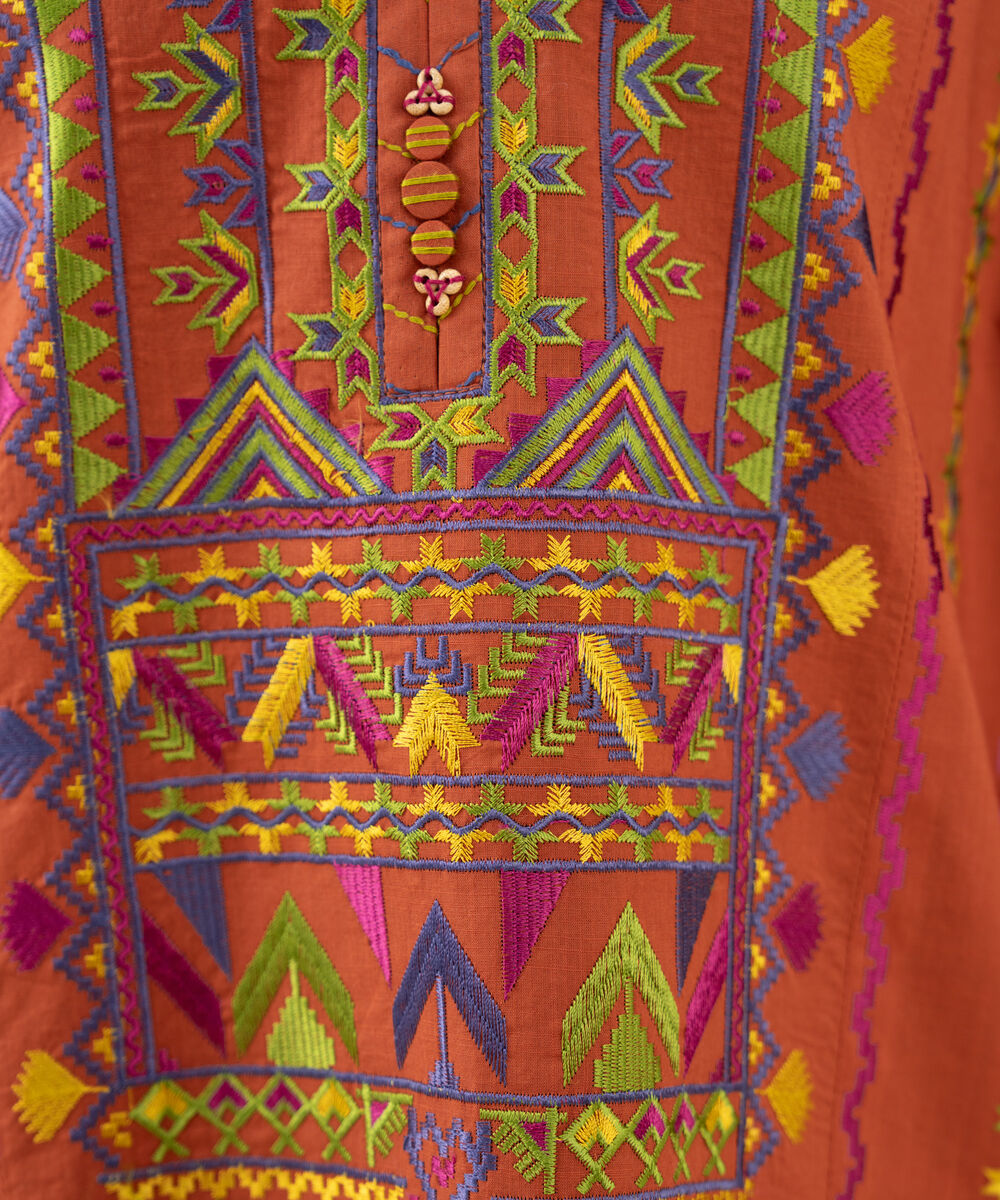 Women's Unstitched Embroidered Cross Hatch Rust 3 Piece Suit