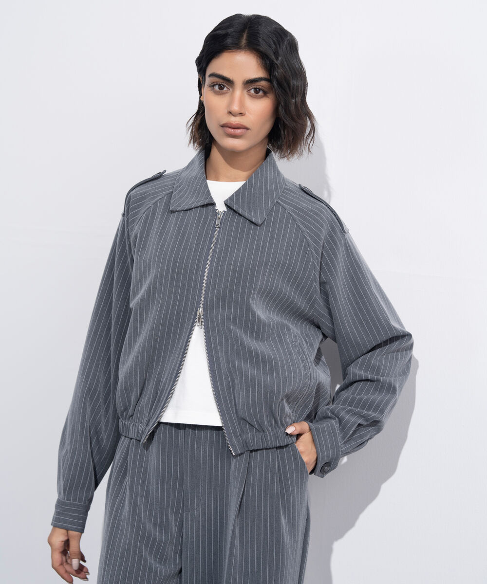 Women's Western Wear Grey Zip Up Striped Bomber Jacket