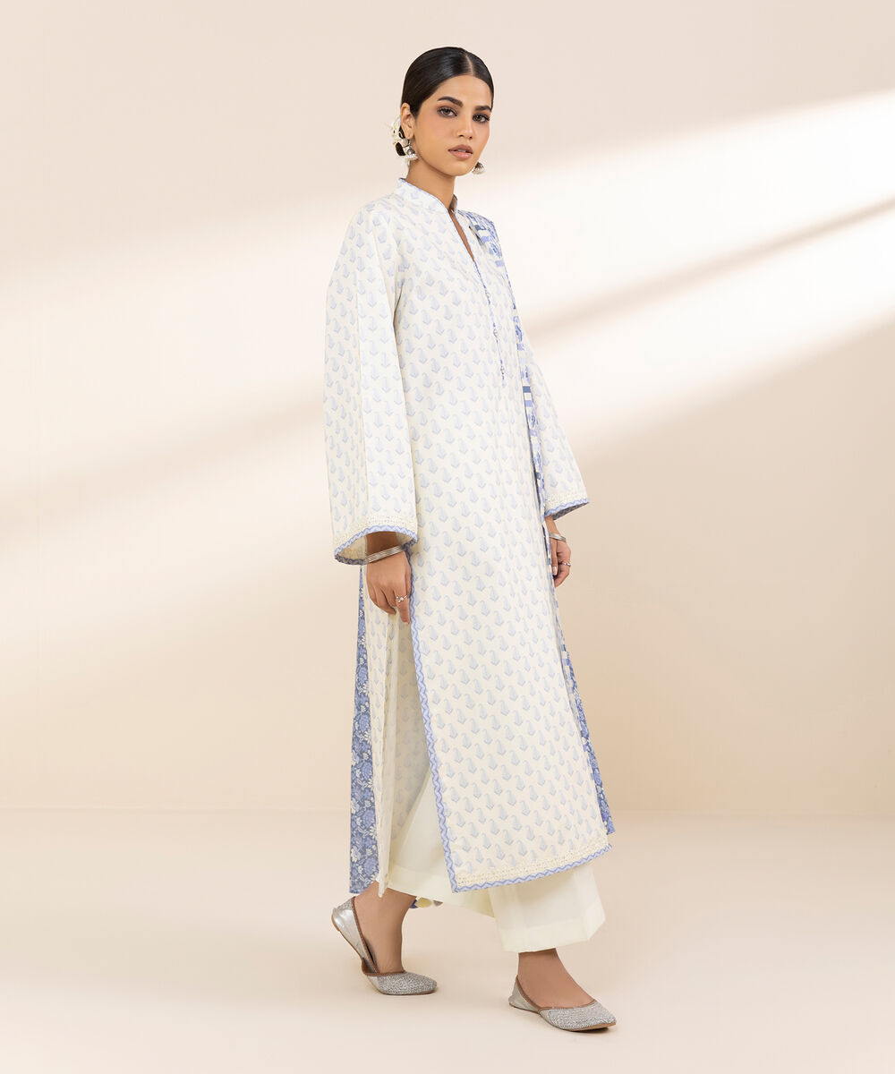 Women's Unstitched Lawn Printed Off White 3 Piece Suit